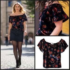 LOFT Black Floral Velvet Blouse Size Large Petite